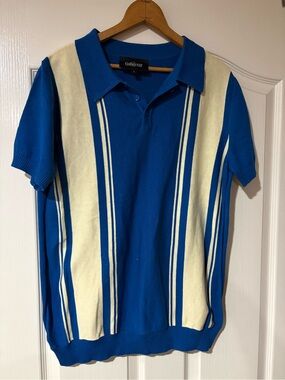 Collectif- Blue & Cream Striped Polo Top - Mens
